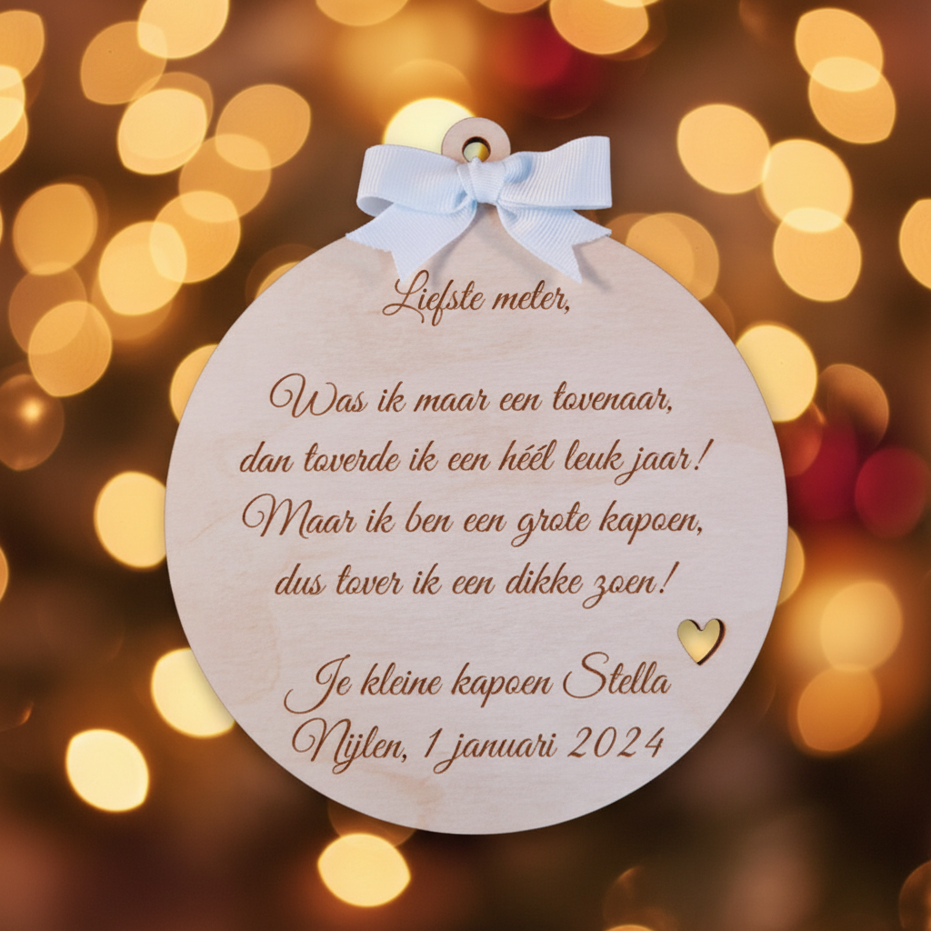 Houten nieuwjaarsbrief "Kerstbal"