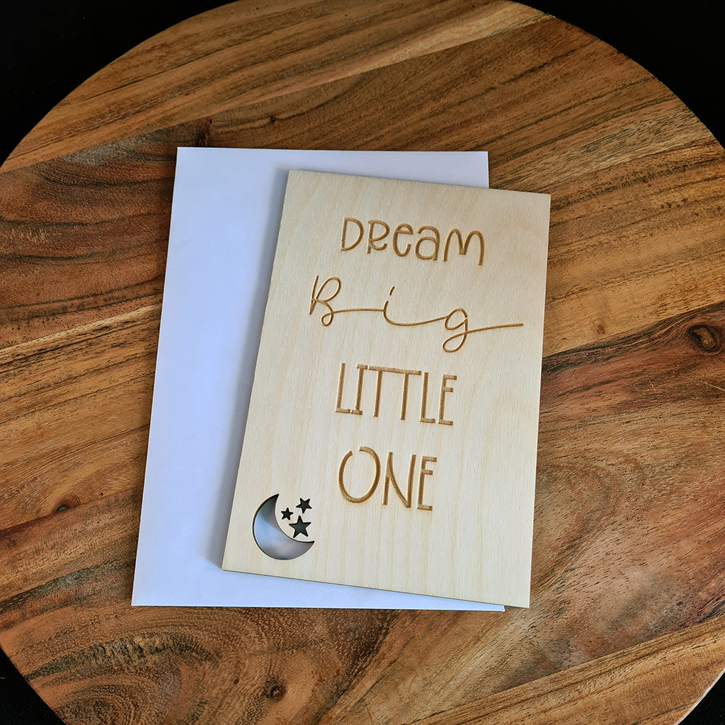 Houten wenskaart "Dream big"