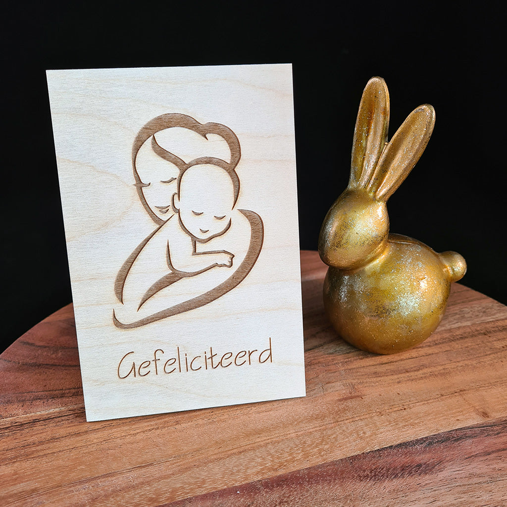 Houten wenskaart "Gefeliciteerd moeder en kind"