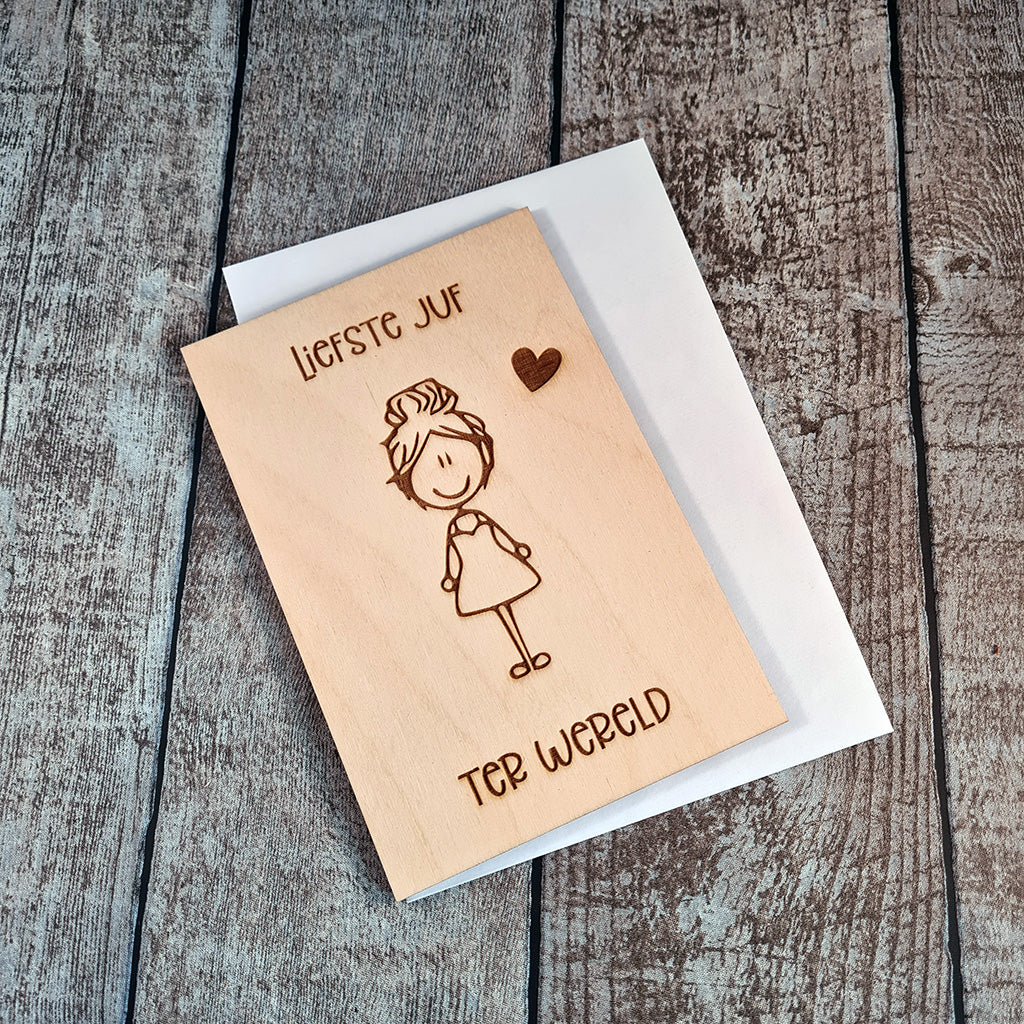 Houten wenskaart "Liefste juf ter wereld"