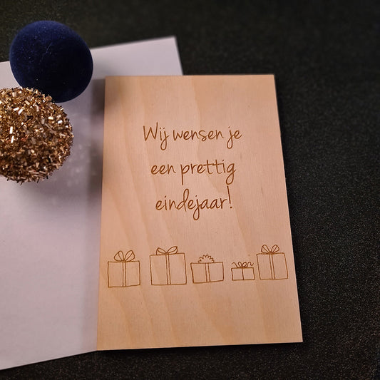 Houten wenskaart "Prettig eindejaar"