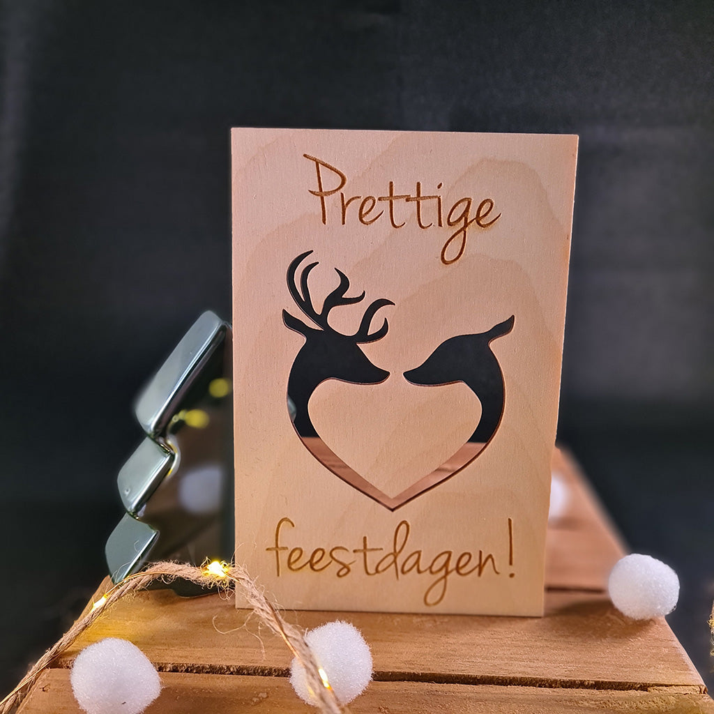 Houten wenskaart "Prettige feestdagen - rendier"