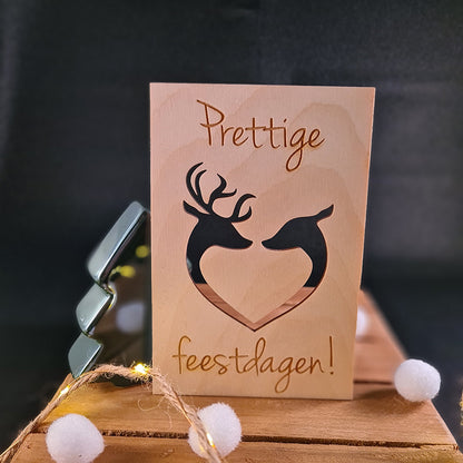 Houten wenskaart "Prettige feestdagen - rendier"