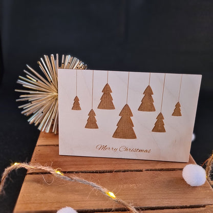Houten wenskaart "Merry Christmas - kerstbomen"