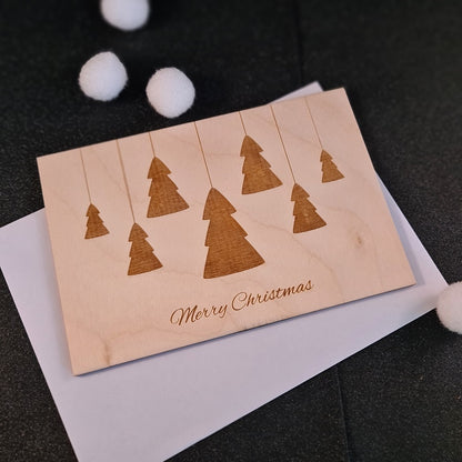 Houten wenskaart "Merry Christmas - kerstbomen"