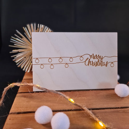Houten wenskaart "Merry Christmas - lampjes"