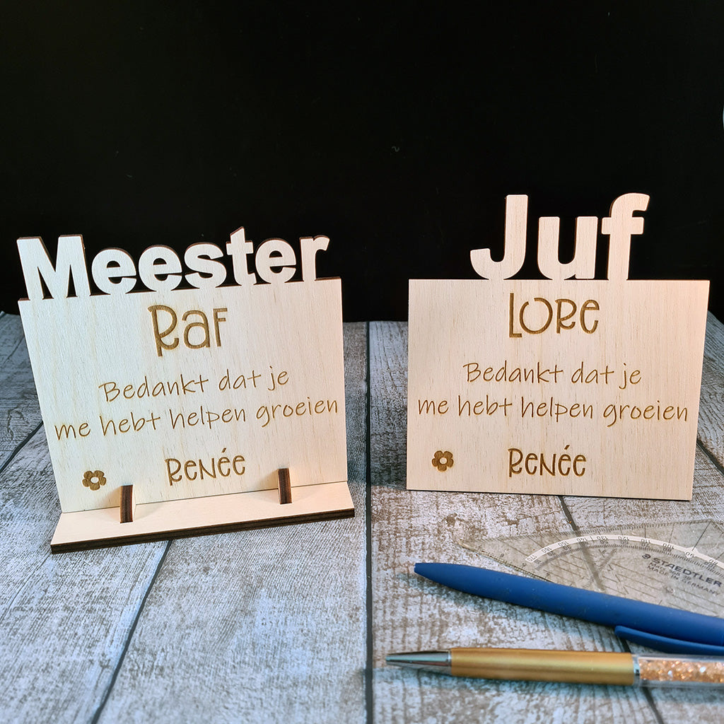 Houten bord "Juf of Meester"