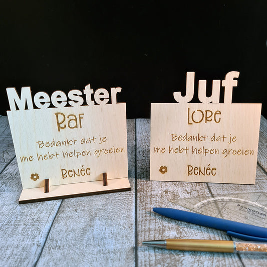 Houten bord "Juf of Meester"