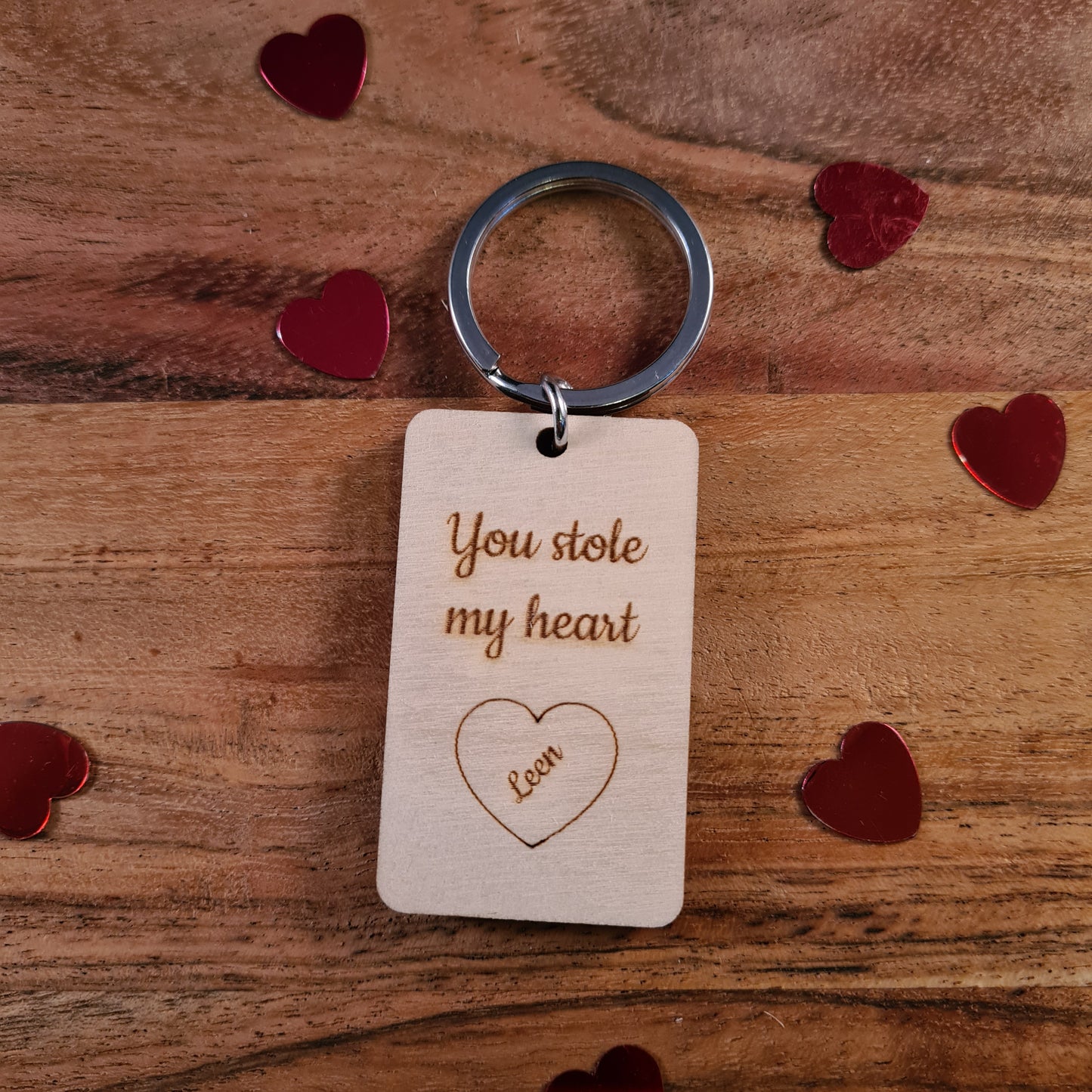 Houten sleutelhanger "You stole my heart" - met naam